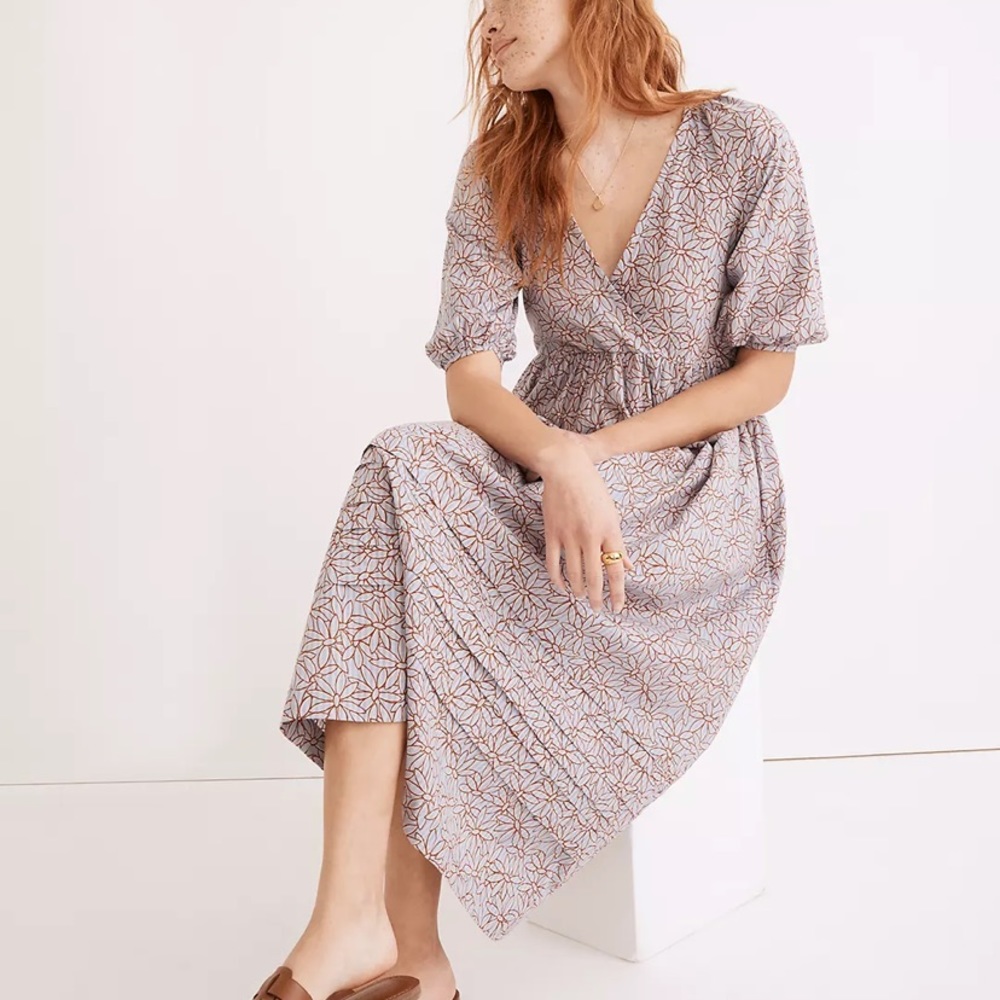 Madewell Marianna Puff-Sleeve Midi Dress in Dream-On Daisies NF849 size Medium